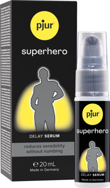 Flaske på 20 ml med det forsinkende serum Pjur Superhero Delay Serum