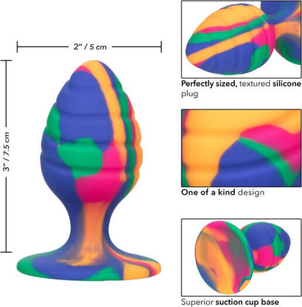 Buttplug CalExotics Cheeky Medium Swirl i silikone med tie-dye-design og base med sugekop