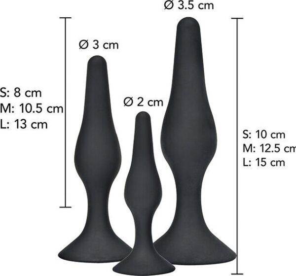 Tre ToyJoy Curvy Companions Kit buttplugs i forskellige størrelser med buet form og bred base
