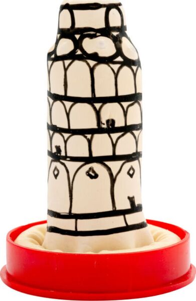 Dekorativt kondom Condomerie Pisa Tower med motiv af Det Skæve Tårn i Pisa