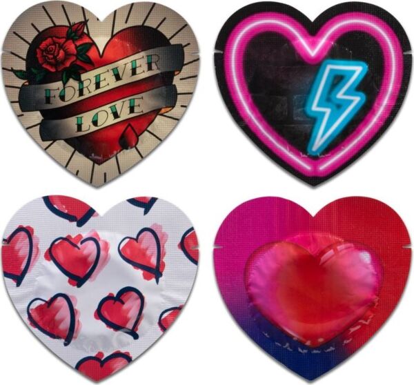Pasante Red Heart Shape 144 kondomer, røde og i hjerteformede poser