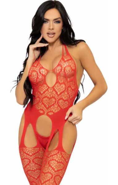 Bodystocking Leg Avenue Love Hangover i net med hjerter, med halterneck-top og strømpebælte