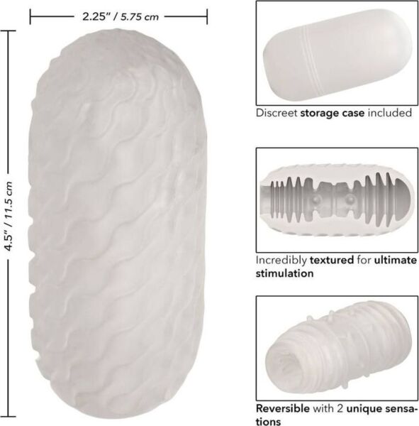 Hvid masturbator CalExotics Boundless Reversible Ribbed Stroker ved siden af sit etui