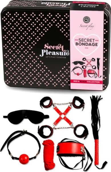 BDSM-sæt Secret Bondage Rød og Sort fra Secret Play med delene i kunstlæder og rebet