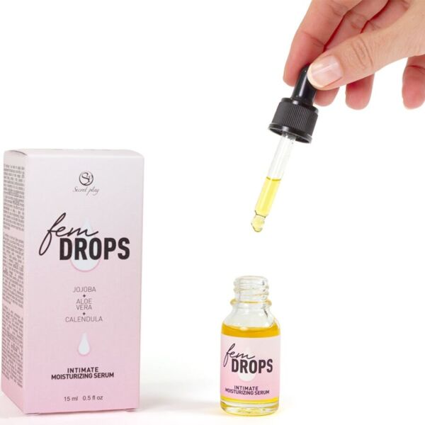 Flaske med pipette til det fugtgivende intimserum Secret Play Fem Drops på 15 ml