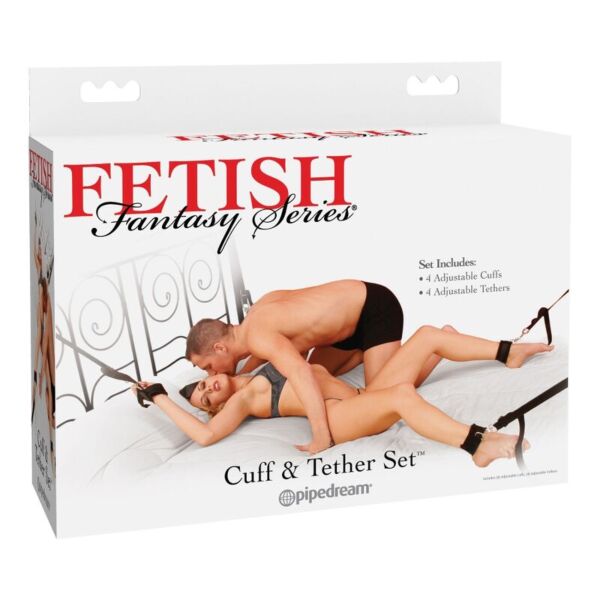 Bondage-sæt Pipedream Fetish Fantasy Cuff & Tether Set med håndjern, ankeljern og tove i nylon