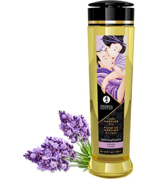 Massageolie Shunga Erotic Massage Oil på 240 ml i sin gennemsigtige flaske
