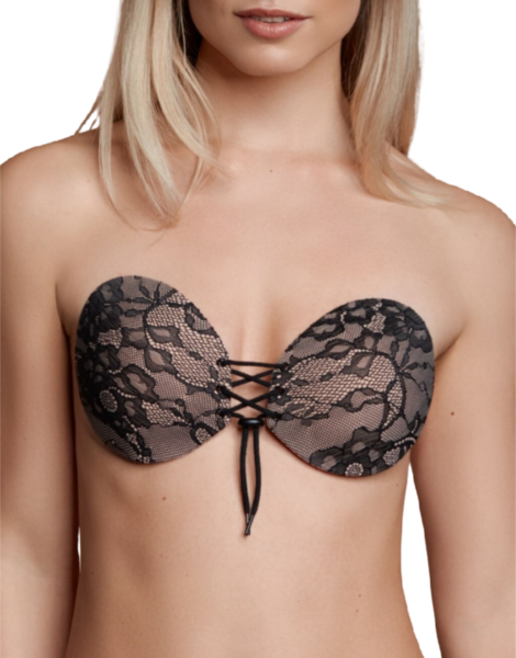 Selvklæbende BH Bye Bra Round Lace-it med de to kopper og snørelukningen foran