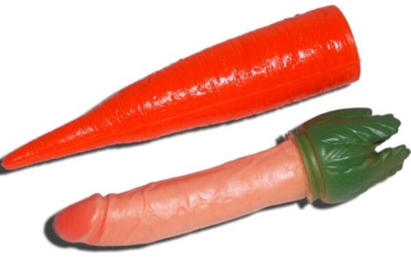 Diablo Picante Penis Carrot, fræk spøgeartikel formet som en plastgulerod med en skjult penis indeni
