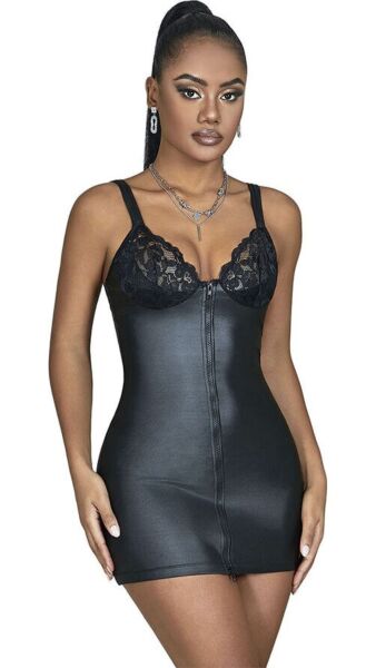 Lingeri Subblime Black PU Leather Lace Zipper i sort med læderlook, blomsterblonder og lynlås foran