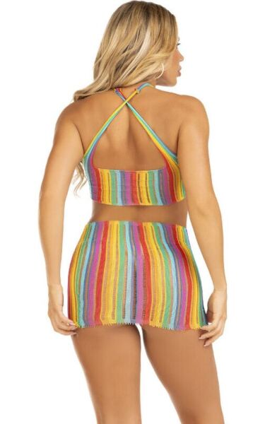 Leg Avenue Technicolor Dream minikjole med regnbuestriber, halterneck og krydsede stropper