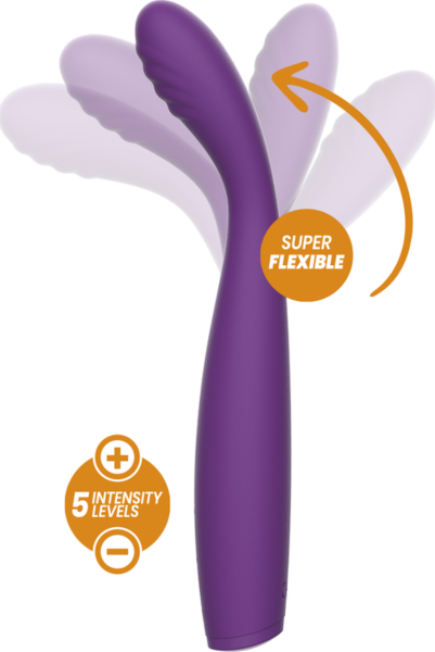 Fleksibel vibrator Rewolution Rewostim i silikone med håndtag og buet spids