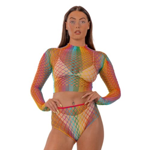 Lingeri Sæt Lace Rainbow Fence Net Crop Top og Bukser