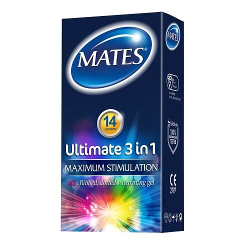 Kondomer Mates Ultimate 3 in 1 med ribbede og prikkede overflader