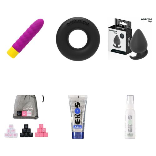 Basissæt med sexlegetøj: minivibrator, penisring, analplug og terninger