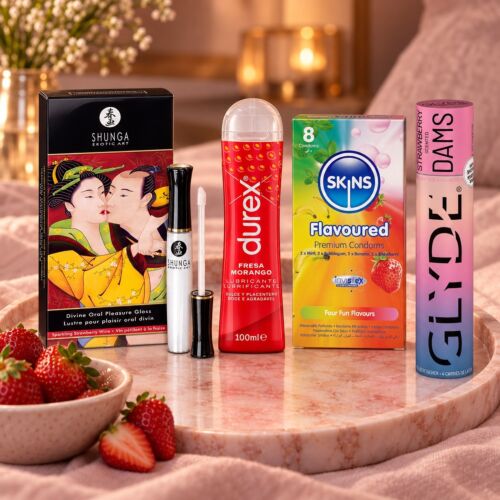 Sæt til oralsex med lipgloss, glidecreme og kondomer med smag – stemningsbillede (AI-genereret billede)