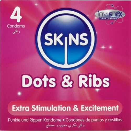 Premium Kondomer Skins Dots & Ribs Pack 4 til Forstærket Nydelse