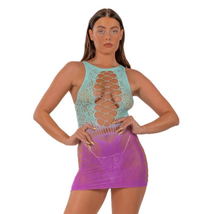 Babydoll Lace Ombre Faux Snøring Mini Kjole Babydoll Lace Ombre Faux Snøring Mini Kjole