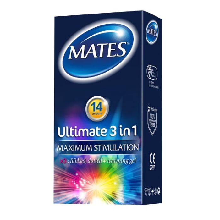 Kondomer Mates Ultimate 3 in 1 med ribbede og prikkede overflader Kondomer Mates Ultimate 3 in 1 med ribbede og prikkede overflader