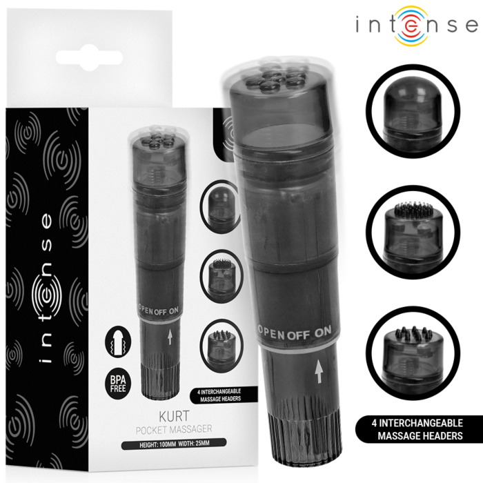 Mini-massageapparat INTENSE FUN TOYS KURT med 4 udskiftelige hoveder, sort