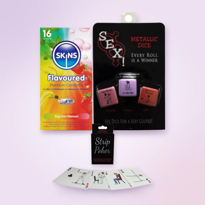 Sjovt pakkeleg-gavesæt med Strip Poker, terninger og kondomer med smag