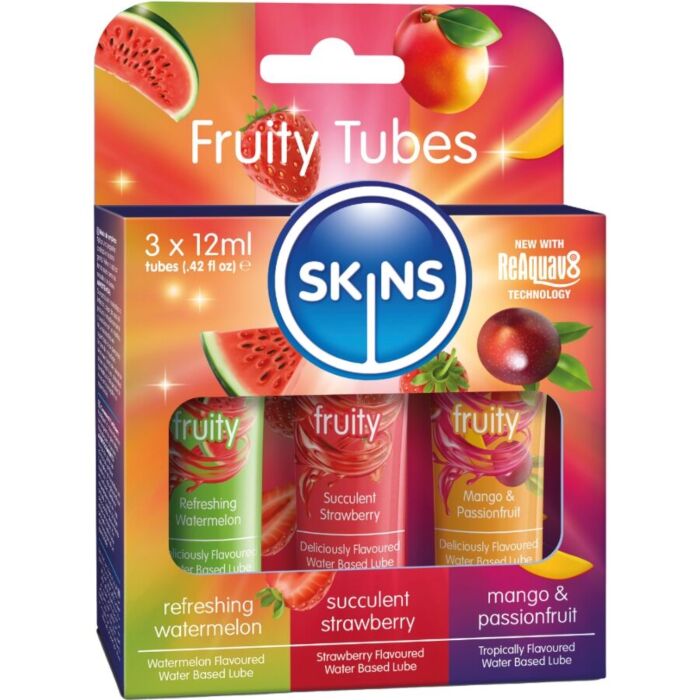 Kits Lubricanter SKINS Fruity Lubes med vandmelon, jordbær og mango Kits Lubricanter SKINS Fruity Lubes med vandmelon, jordbær og mango