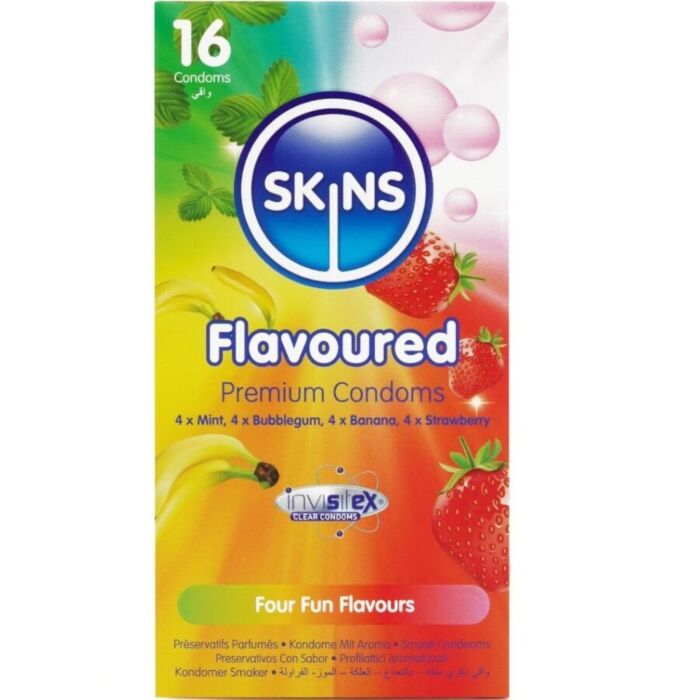 Præservativer SKINS Flavored Pack 16 med 4 smagsvarianter Præservativer SKINS Flavored Pack 16 med 4 smagsvarianter
