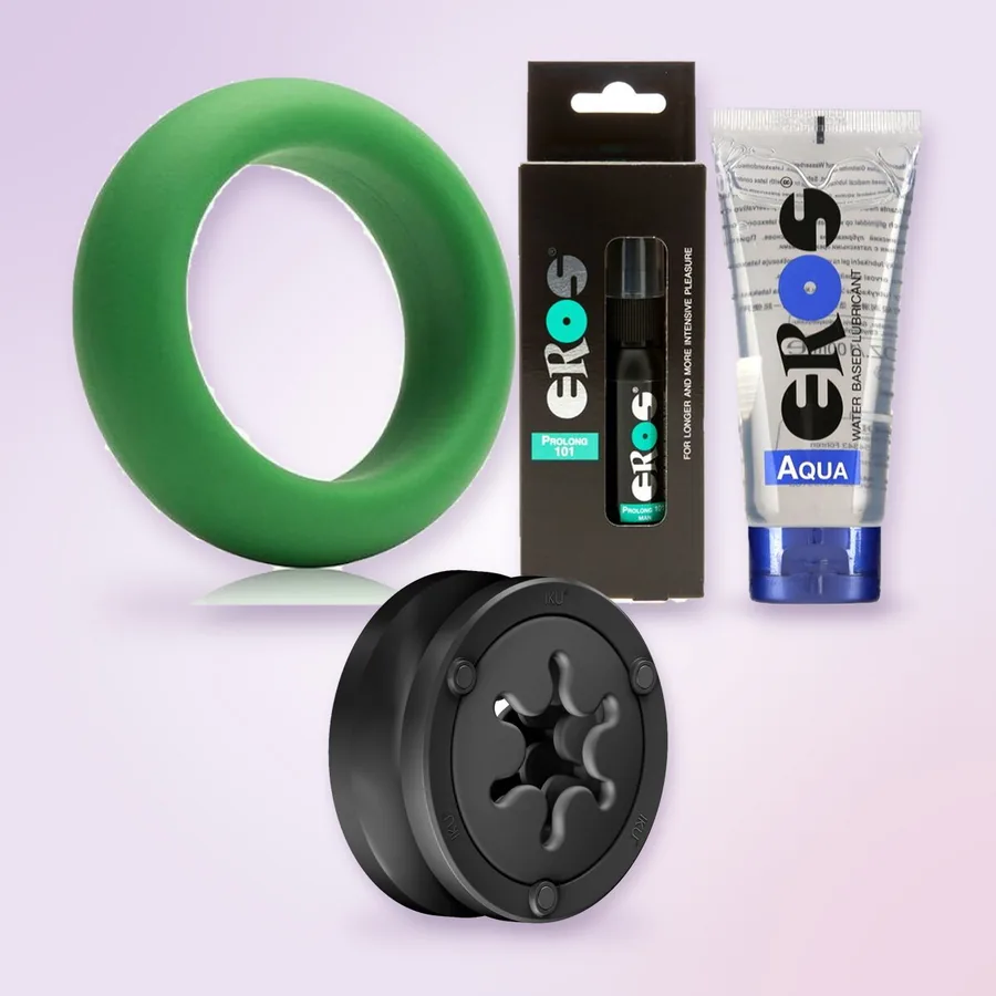 Masturbatoren Fun Factory IKU FLEX, ringen Je Joue, sprayen Eros Prolong 101 og glidecremen EROS Aqua