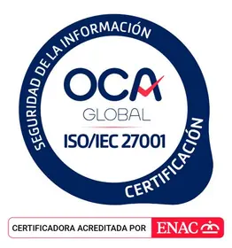 OCA's certificeringsmærke for ISO/IEC 27001, akkrediteret af ENAC